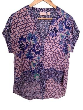 Chico’s Floral Printed Patchwork V-Neck High Low Blouse Top Pink Blue